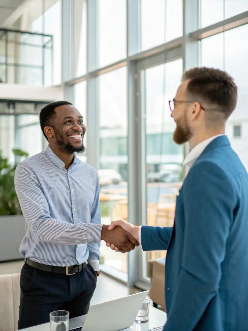 A professional recruiter shaking hands with a candidate in a modern office setting, symbolizing successful workforce recruitment.
