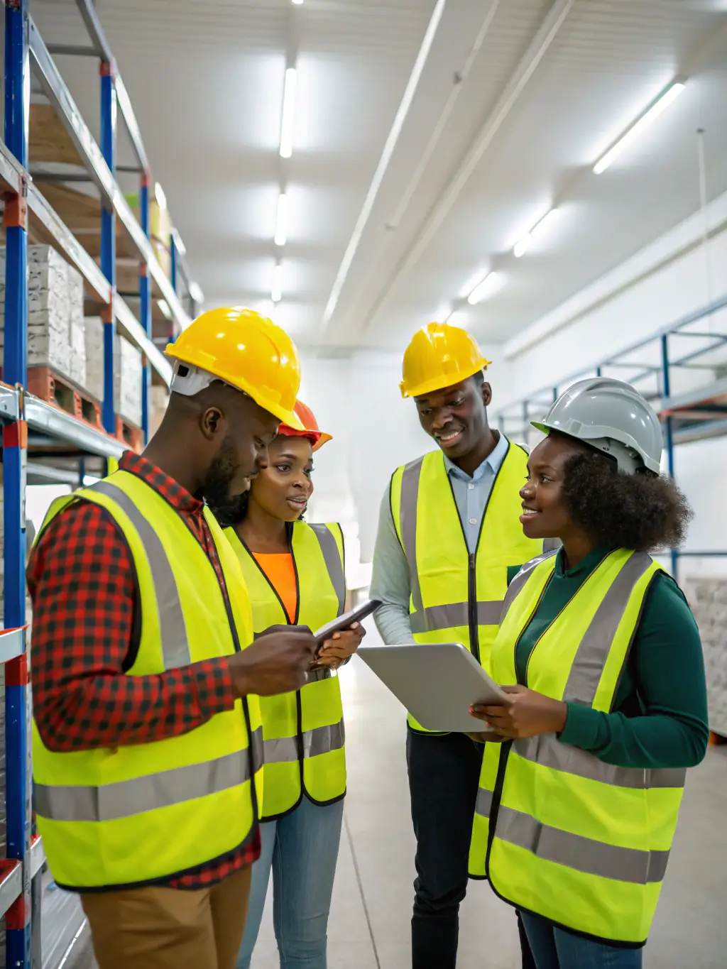 A diverse team of workers collaborating on a project in a manufacturing plant, showcasing the variety of industries served.